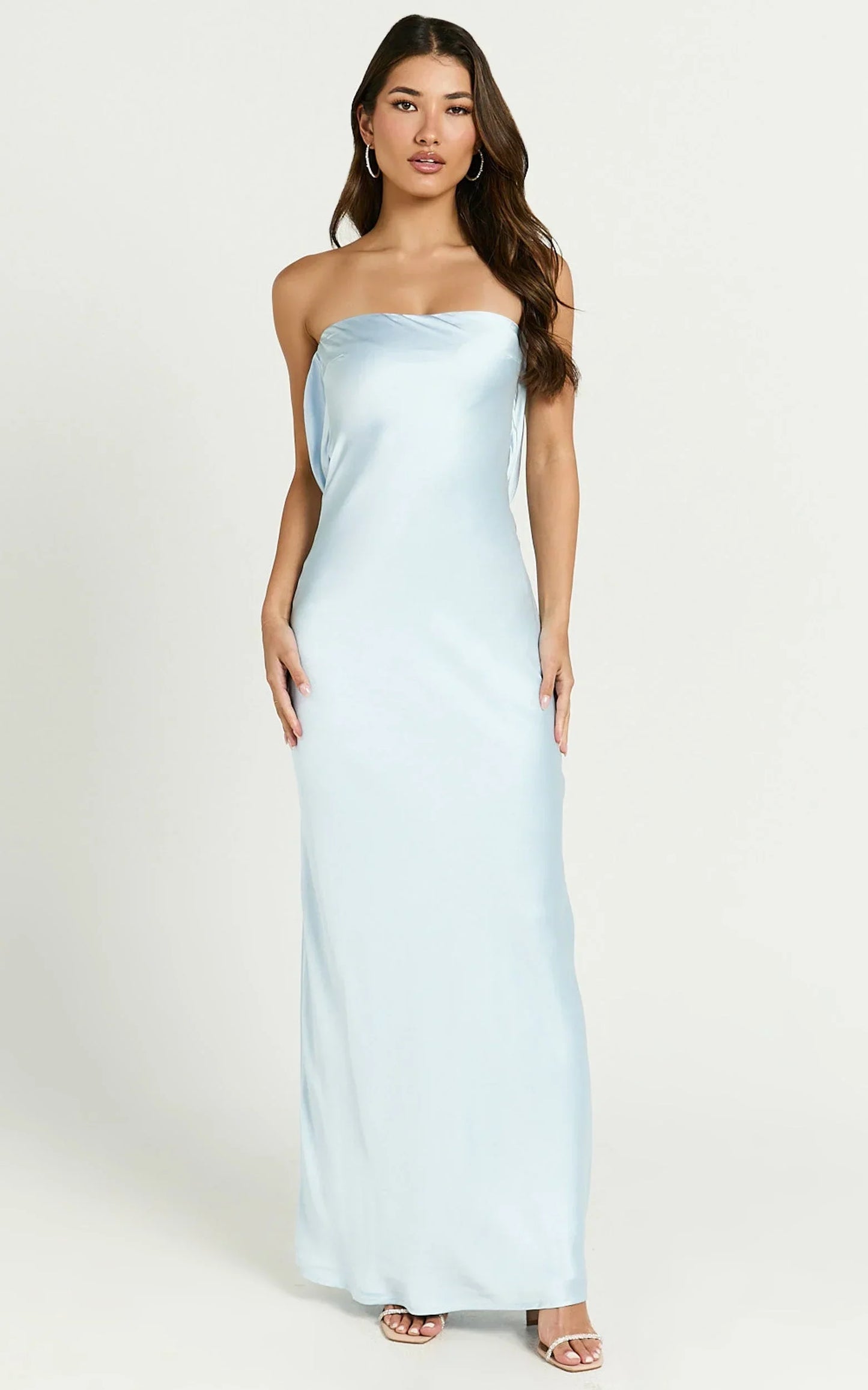 Charlita Maxi Dress - Strapless Cowl Back Satin Dress in Light Blue