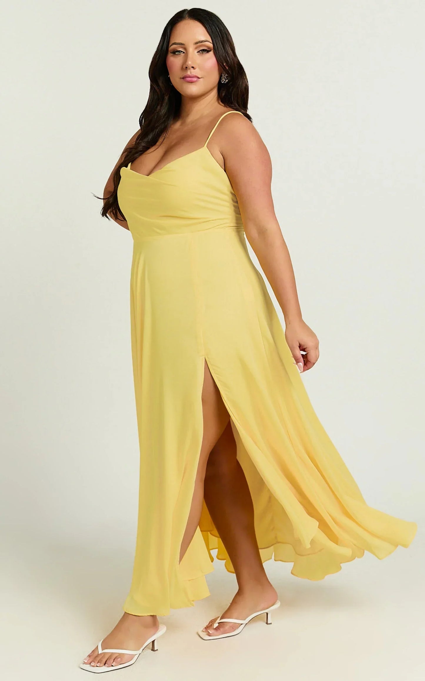 Celestine Midi Dress - Lace Up Back Cowl Neck Dress in Lemon