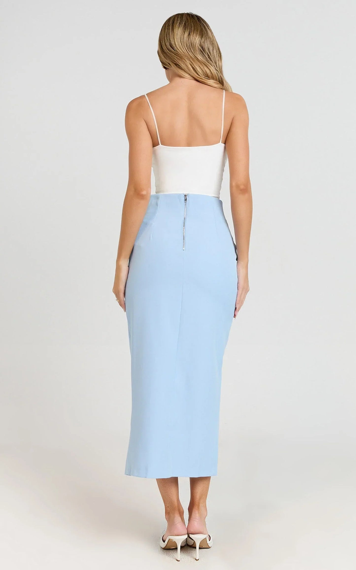 Davie Midi Skirt - High Waist Split Front Skirt in Ice Blue