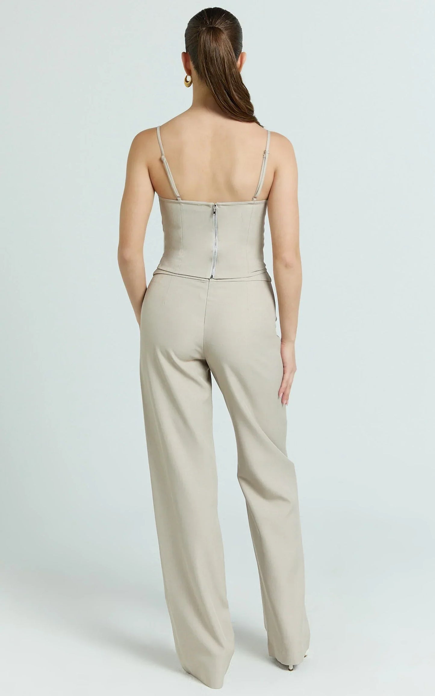 Charlize Pants - Stretch Slim Leg Front Buckle Pants in Stone