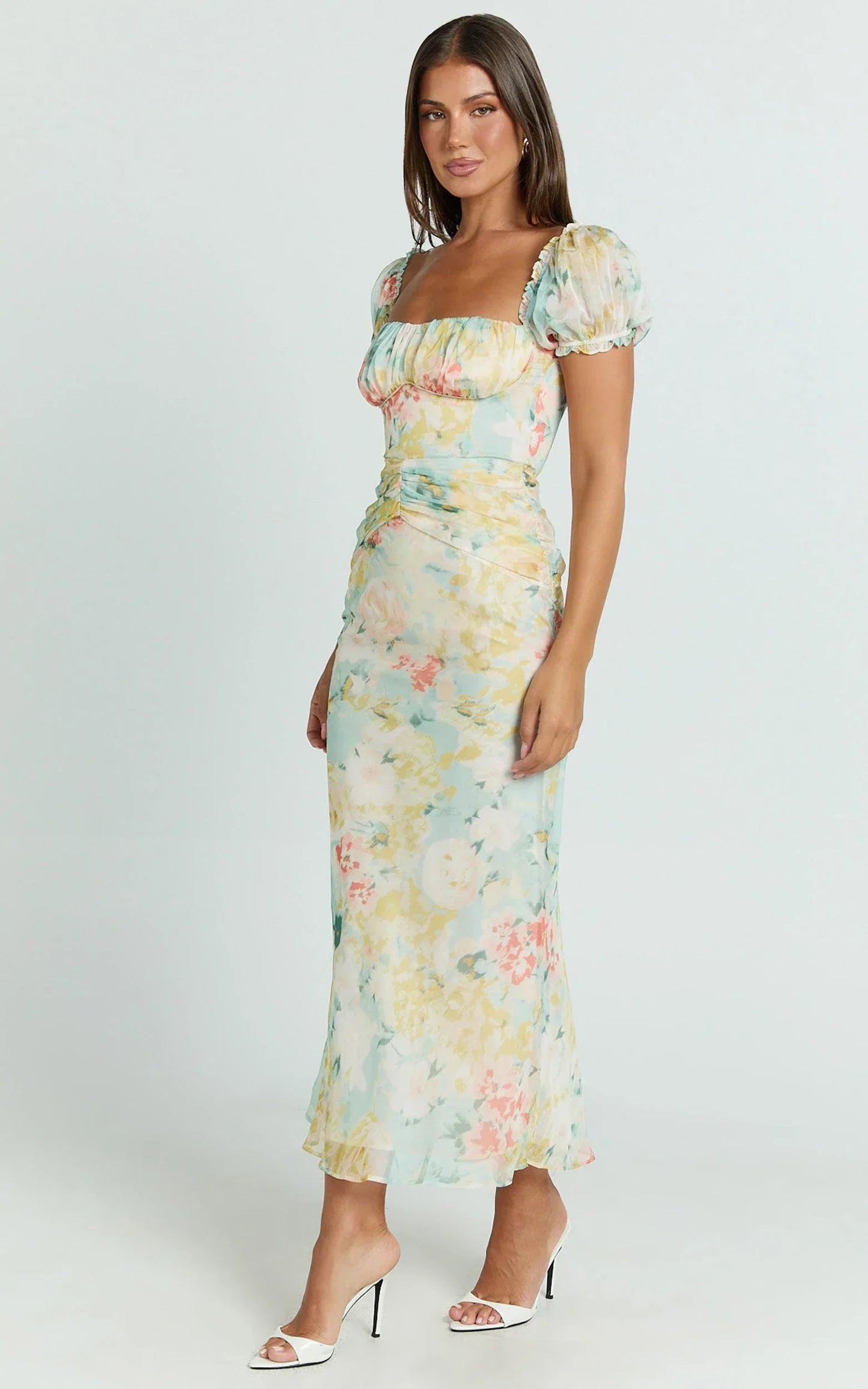 Debina Maxi Dress - Sweetheart Neckline Short Sleeve Dress in Yellow