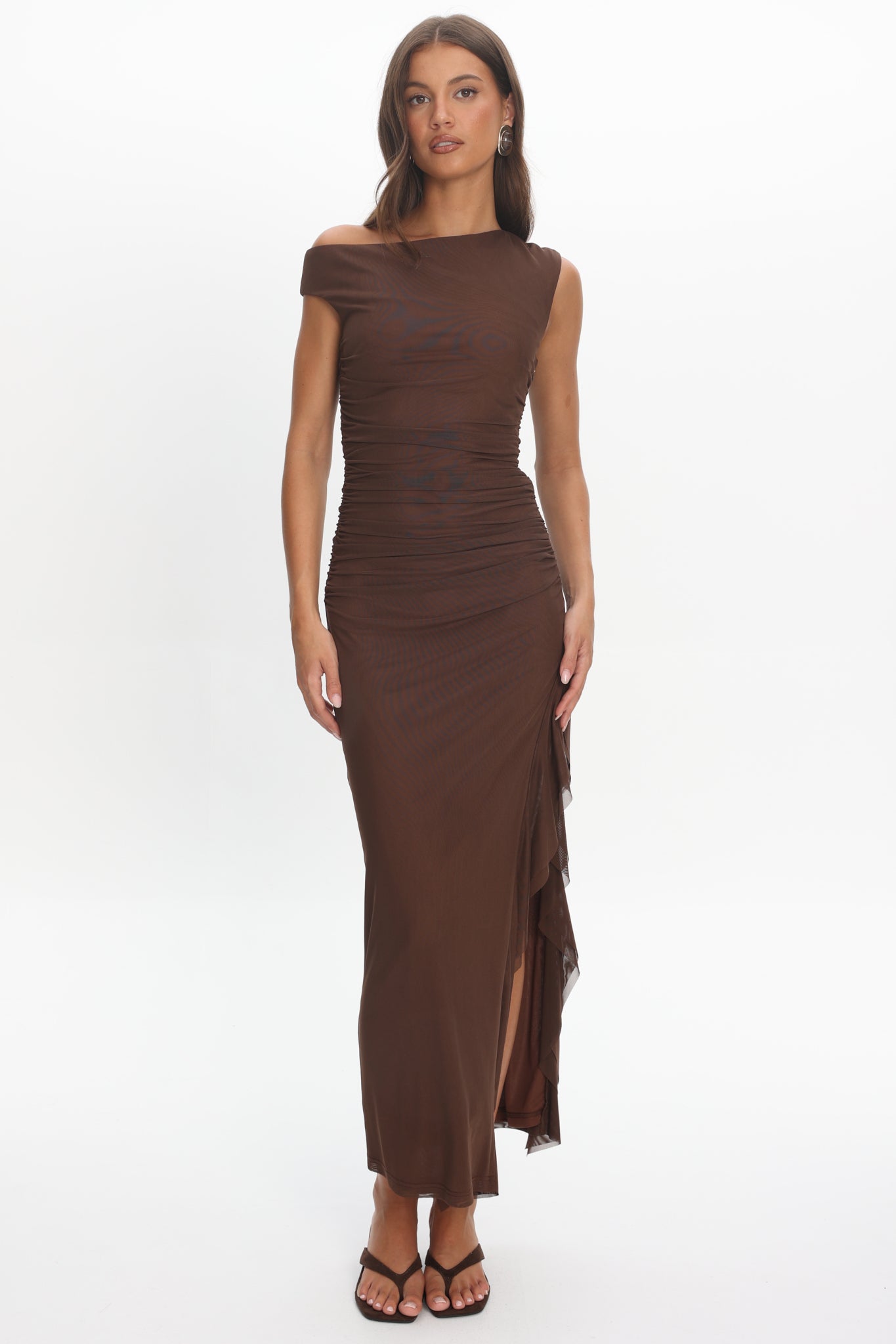 Moonlit Magic Asymmetric Neckline Slit Maxi Dress Chocolate