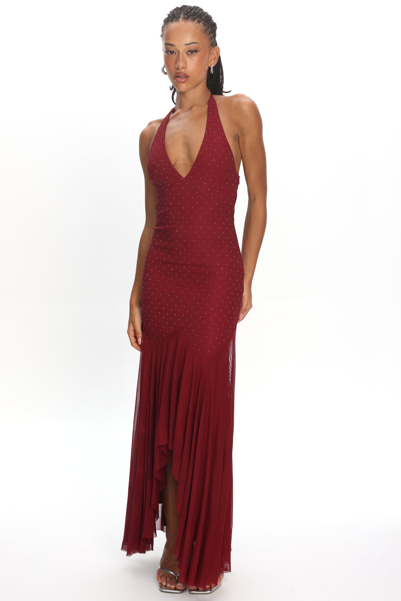 Endira Halter Sheer Hem Midi Dress Burgundy