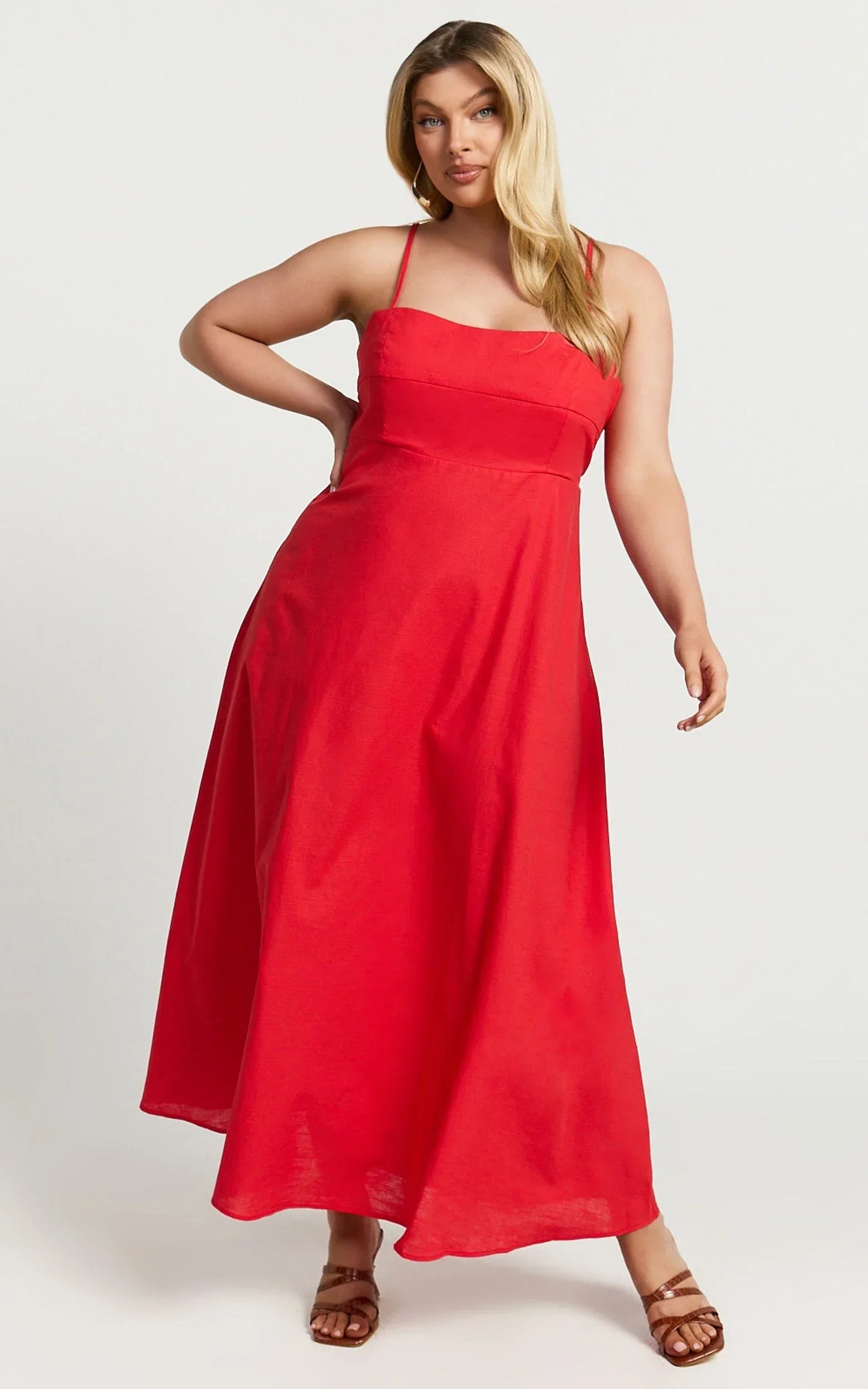 Brette Midi Dress - Linen Straight Neck Strappy Fit And Flare Dress in Red