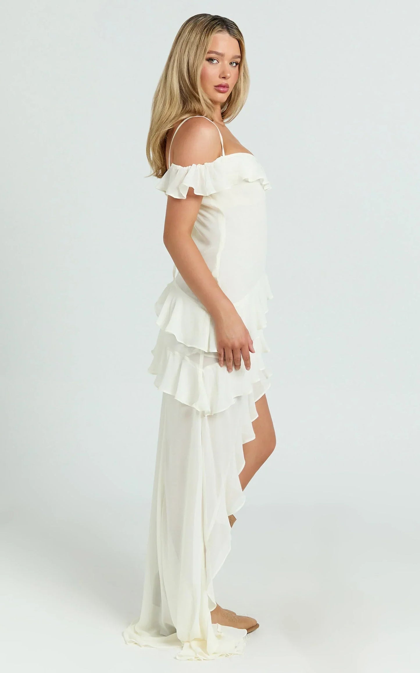 Brigitte Maxi Dress - Halter Off Shoulder Georgette Ruffle Tiered Dress in Cream