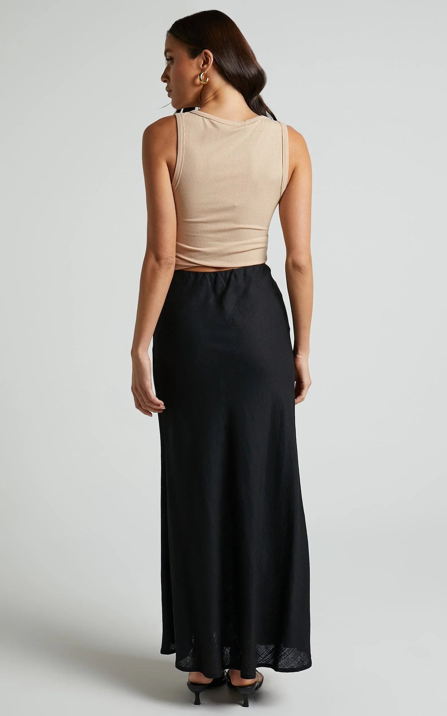 Collins Midi Skirt - Linen Look High Waisted Linen Look Bias Slip Skirt in Black