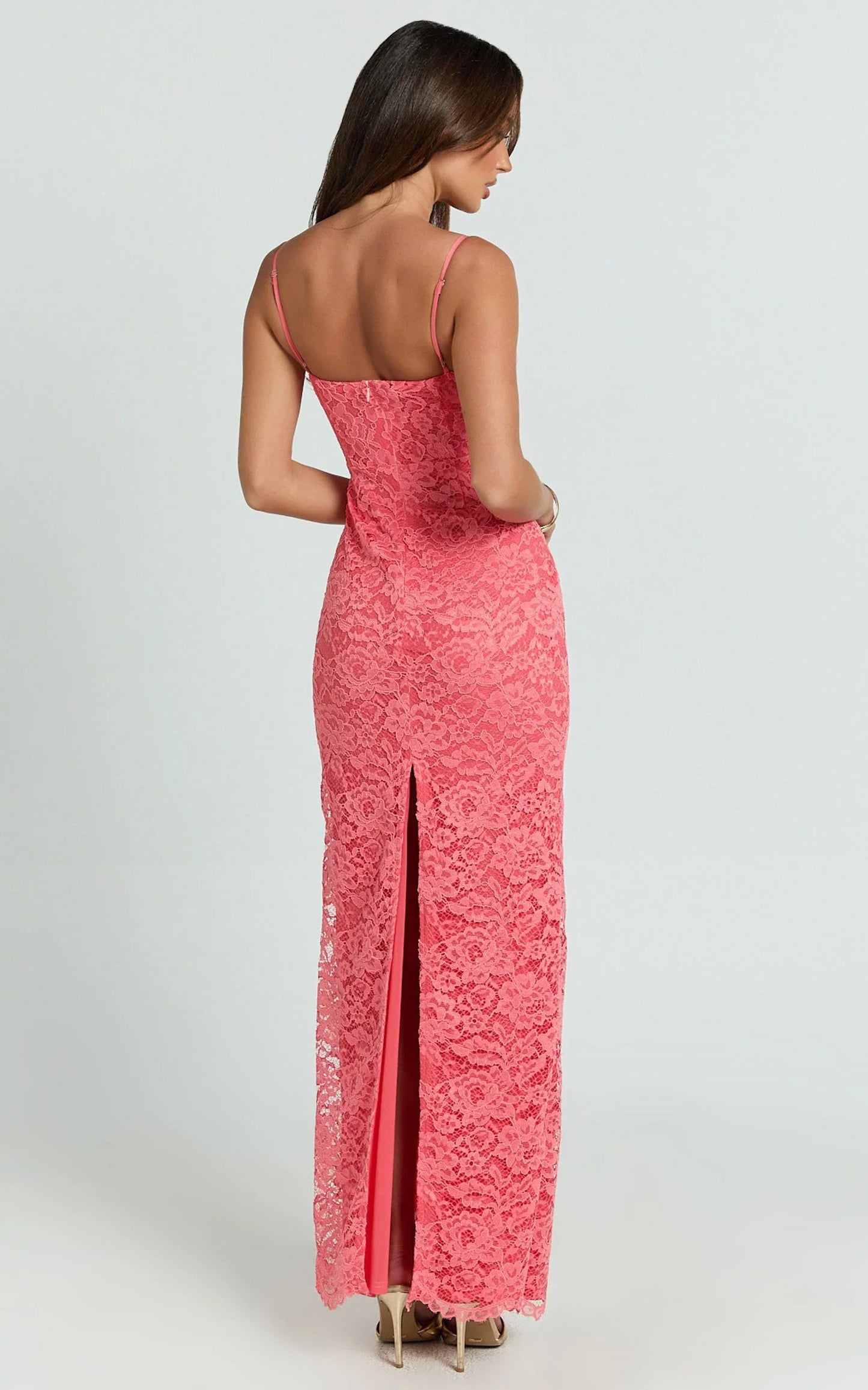 Carli Maxi Dress - Adjustable Strap Corset Bodycon Lace Dress in Watermelon