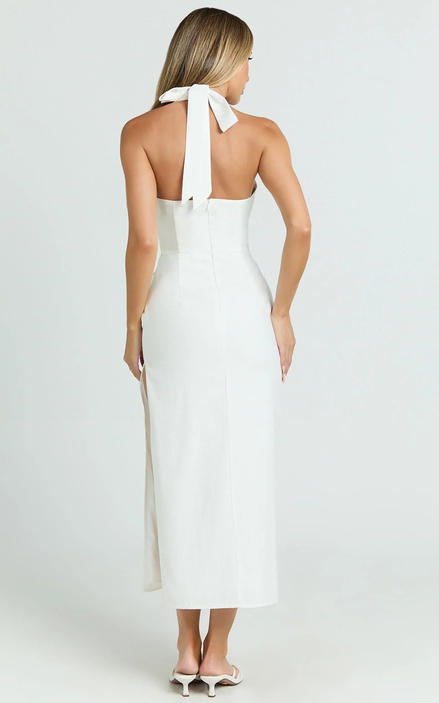 Darcy Midi Dress - Halter Fitted Side Split Dress in White