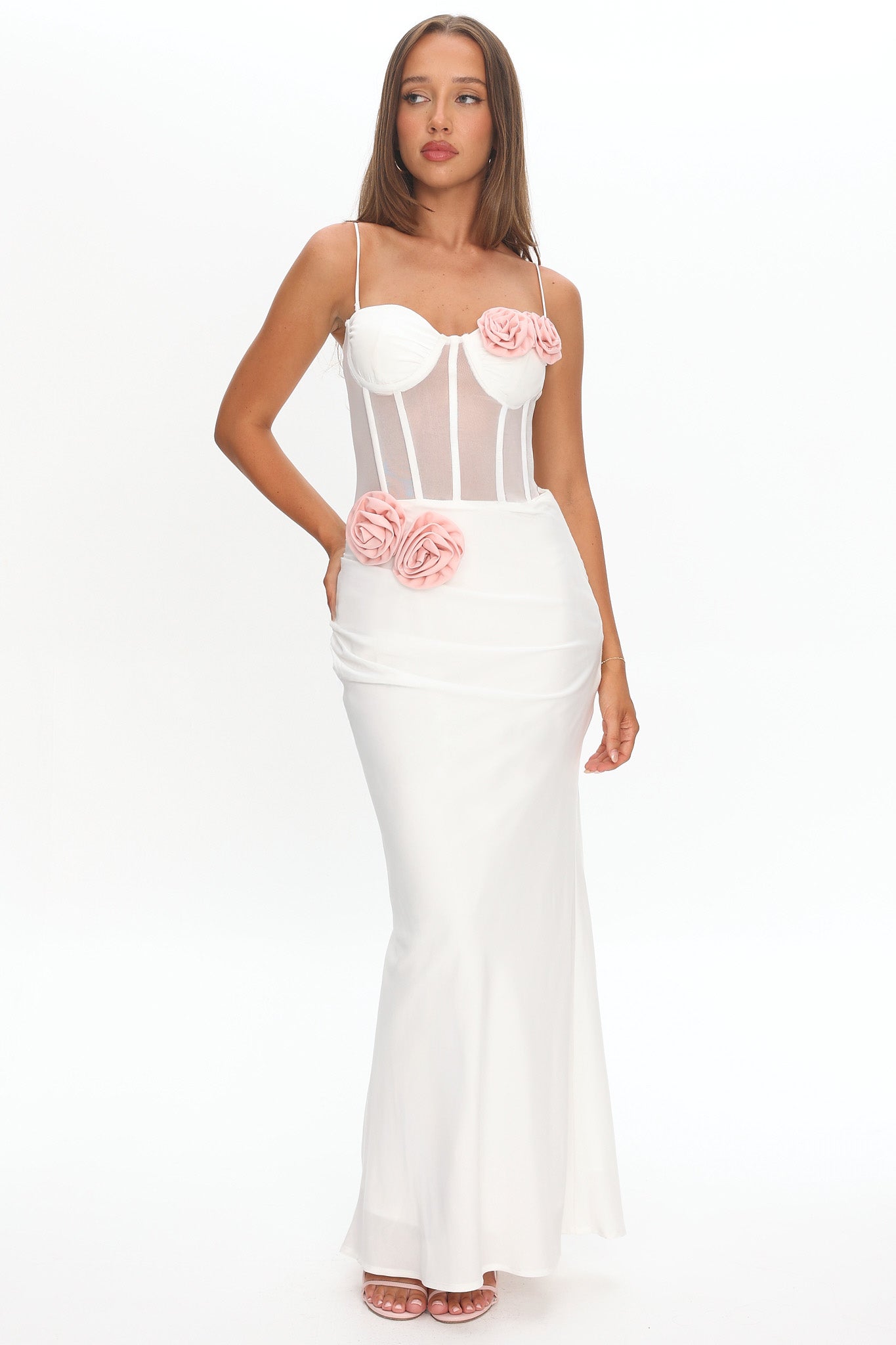 Ismera Sheer Bodice Rosette Maxi Dress White