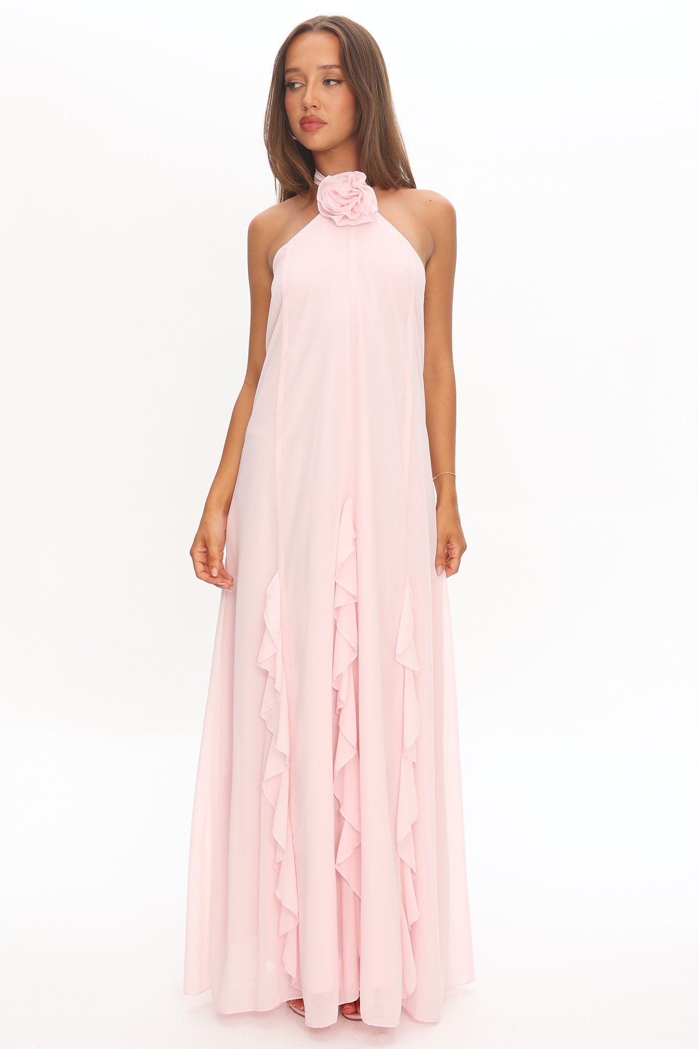Lecce Halterneck Ruffle Trim Maxi Dress Blush
