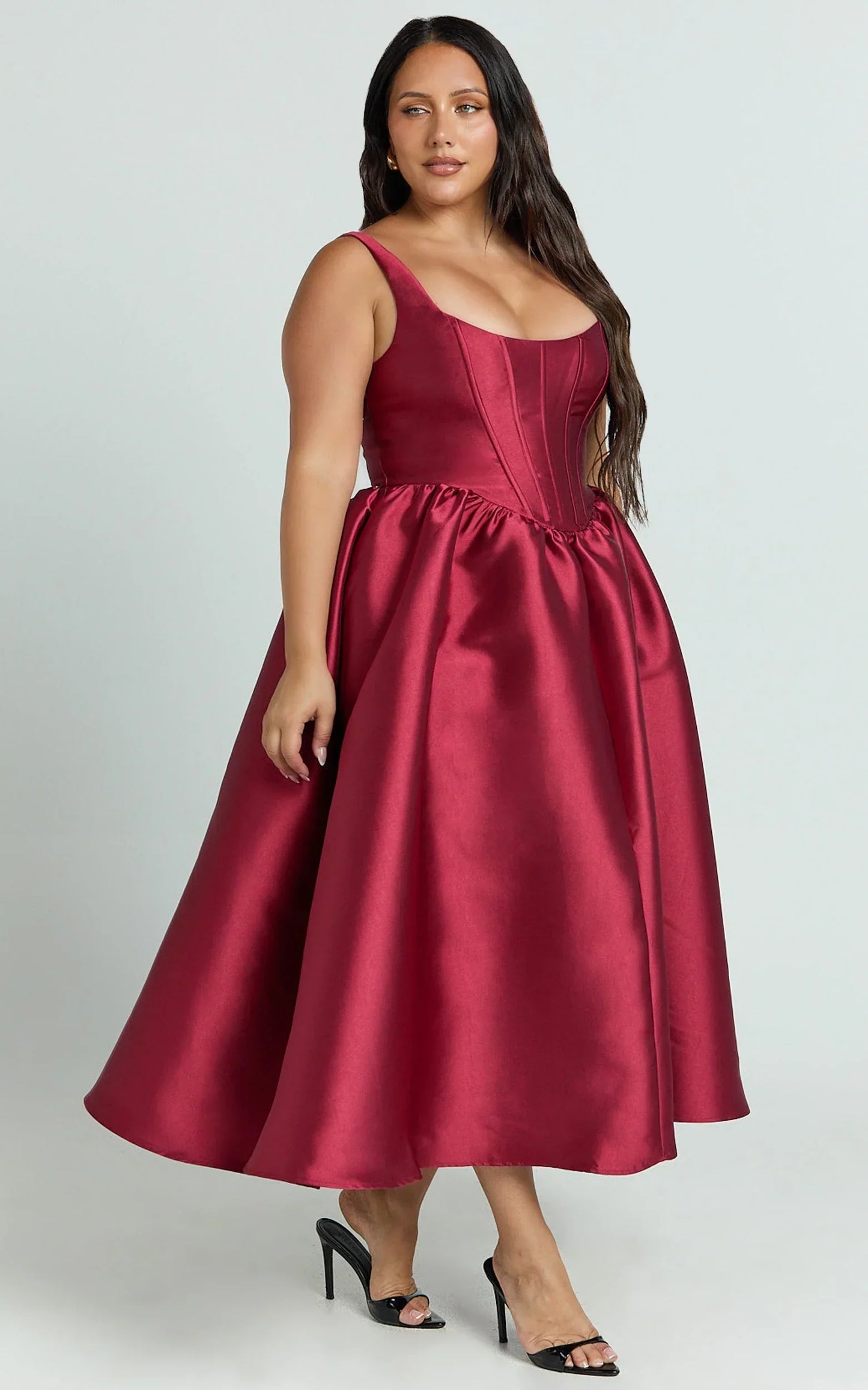 Courtney Midi Dress - Corset Panel Low Back Dress in Wine