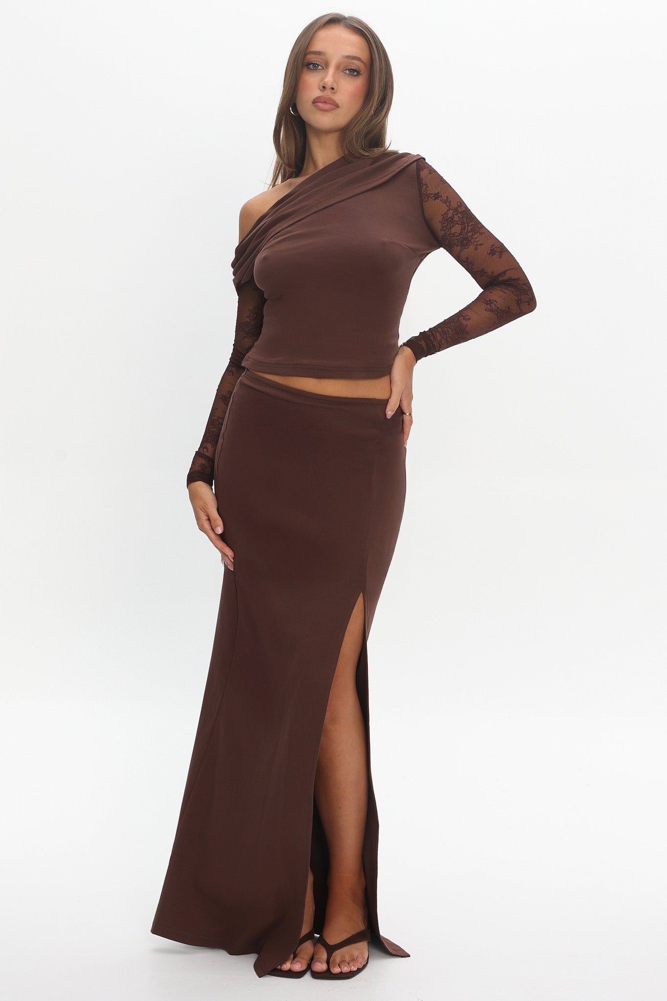 Breonna Front Split Maxi Skirt Chocolate