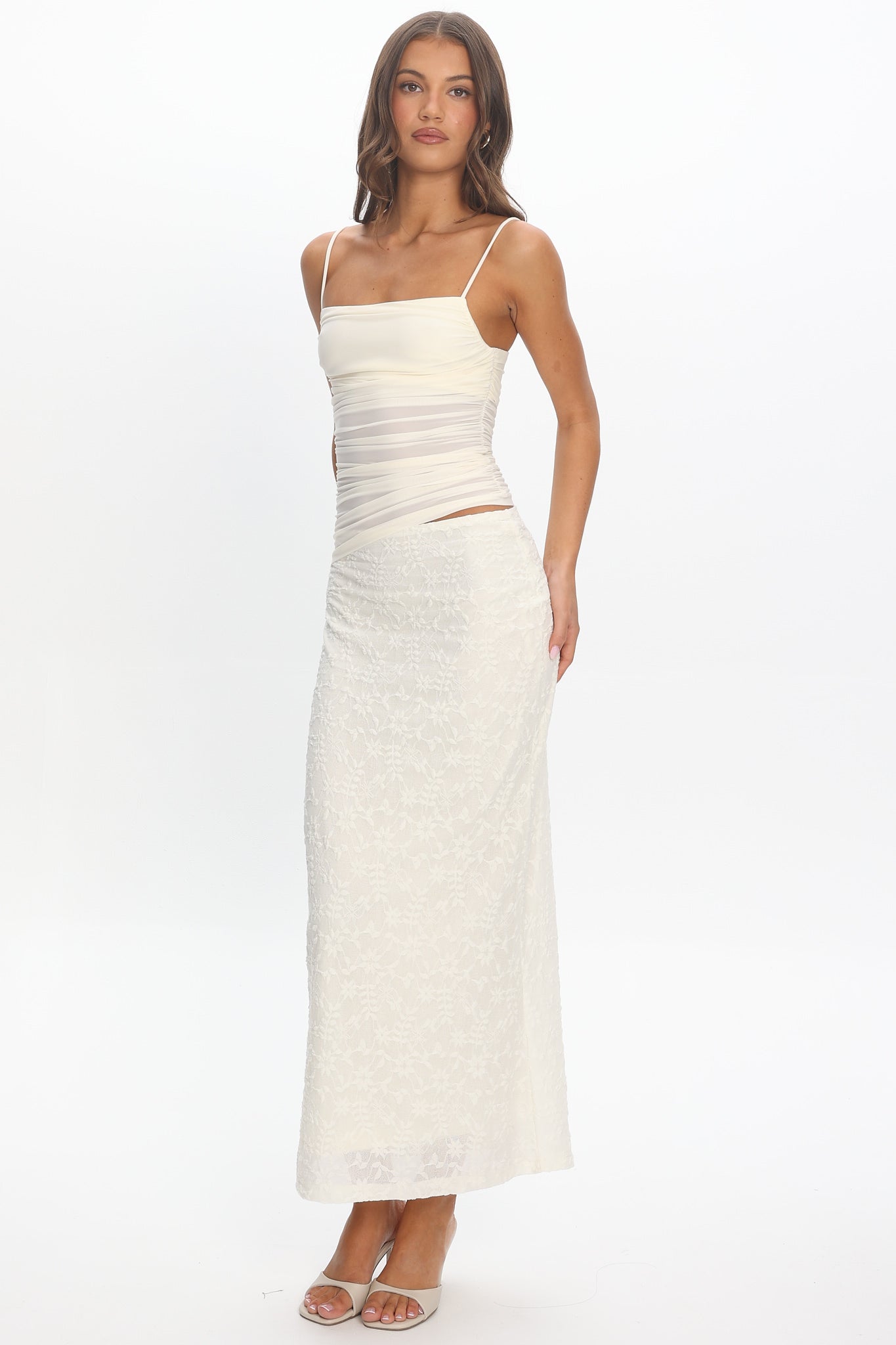 Lorely Cami Strap Mesh Maxi Dress Cream