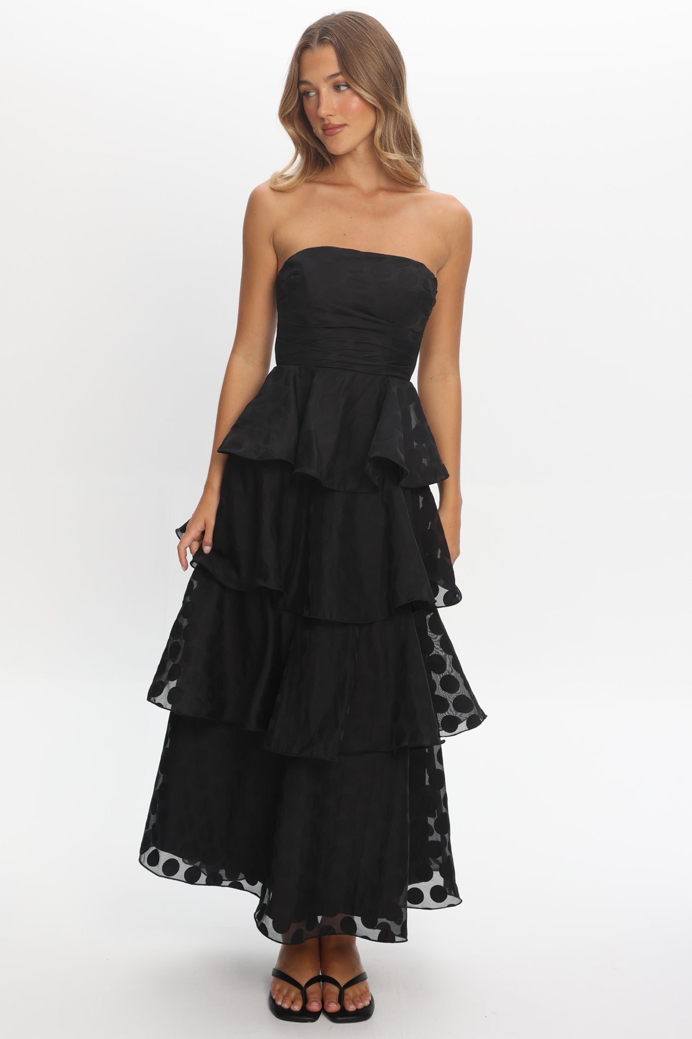 Giavana Strapless Layered Maxi Dress Polka Dot Black