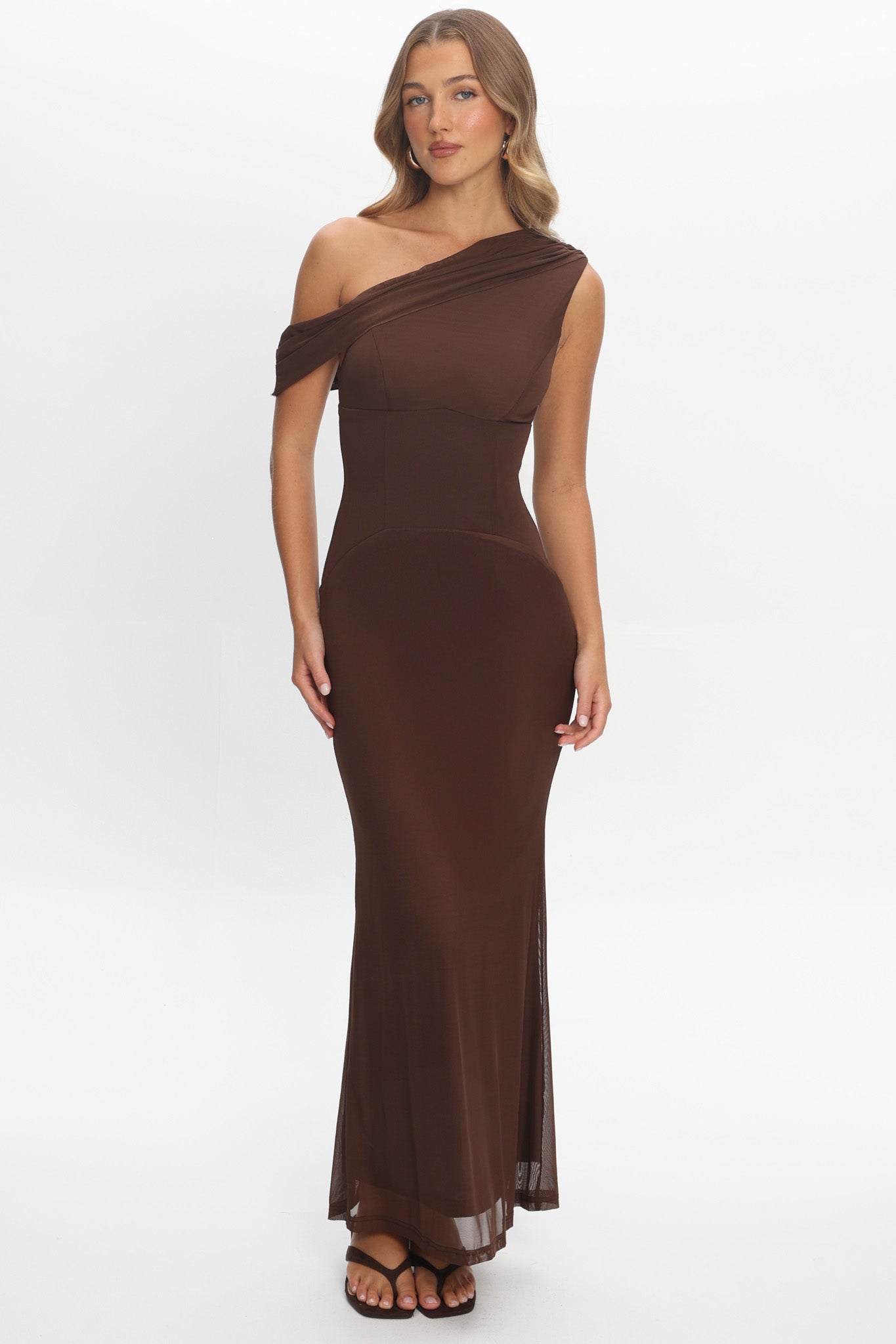 Milos Asymmetric Neckline Maxi Dress Chocolate