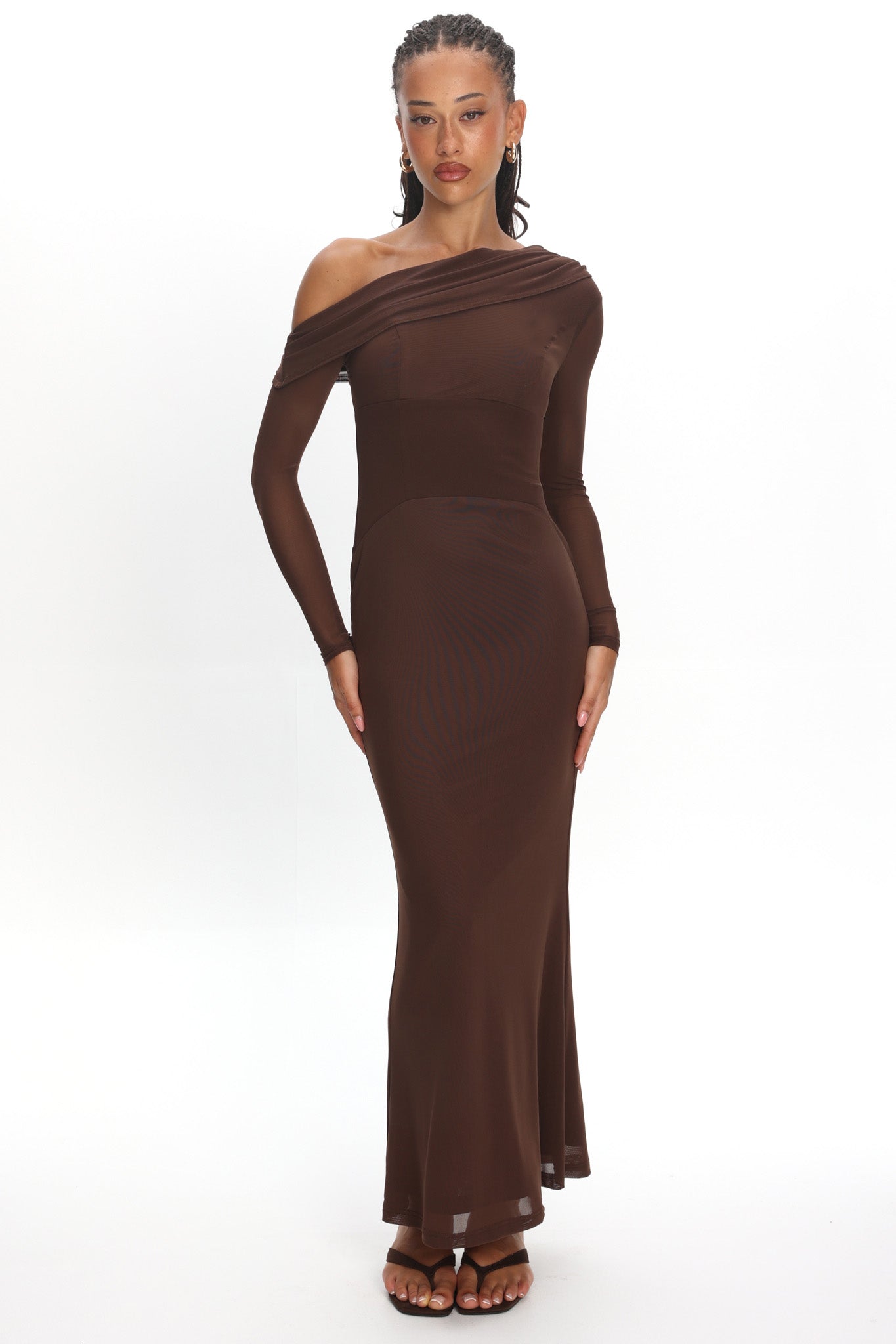 Milos Asymmetric Neckline Long Sleeve Maxi Dress Chocolate