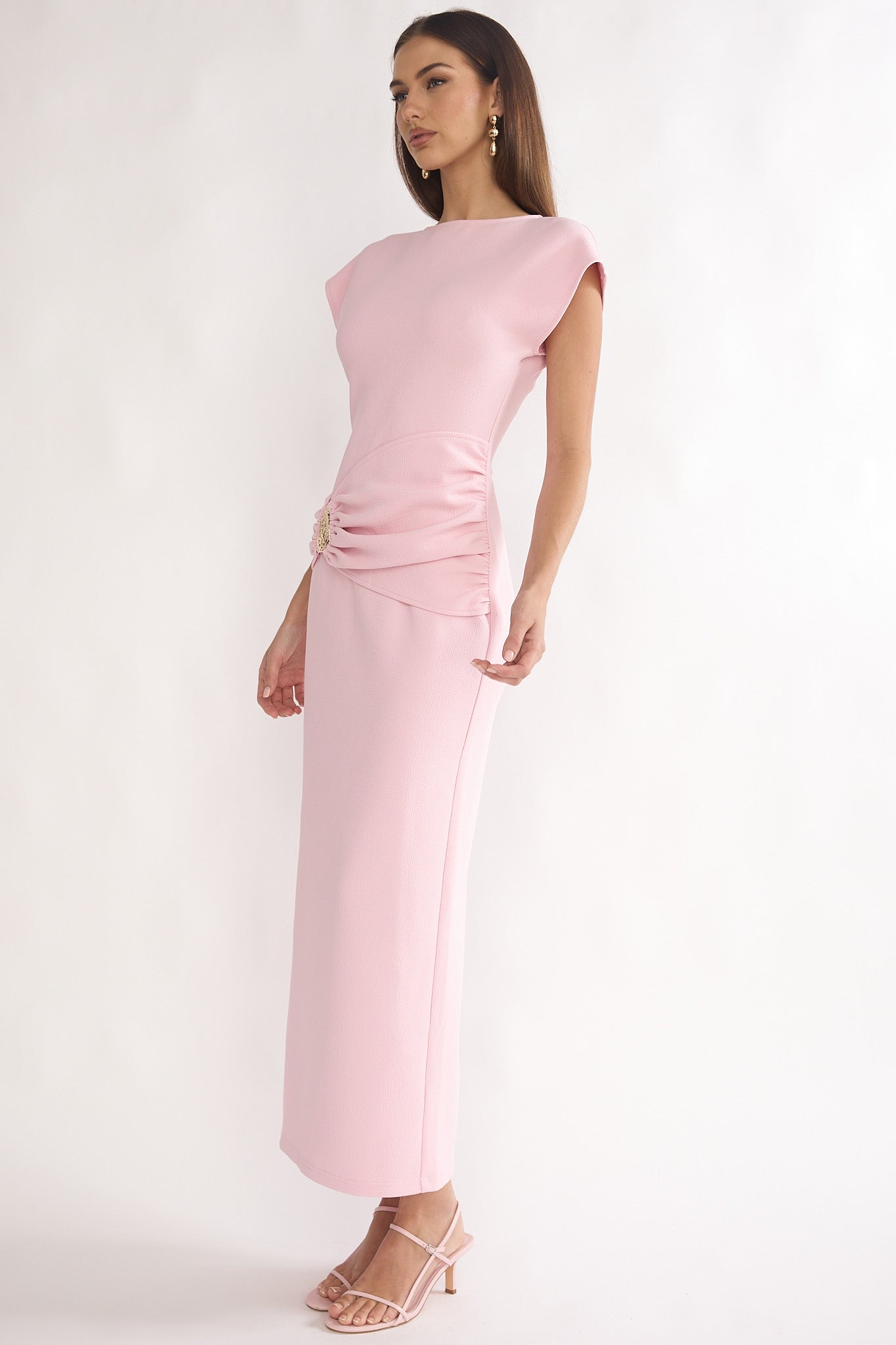 Briona Short Sleeve Buckle Maxi Dress Pink