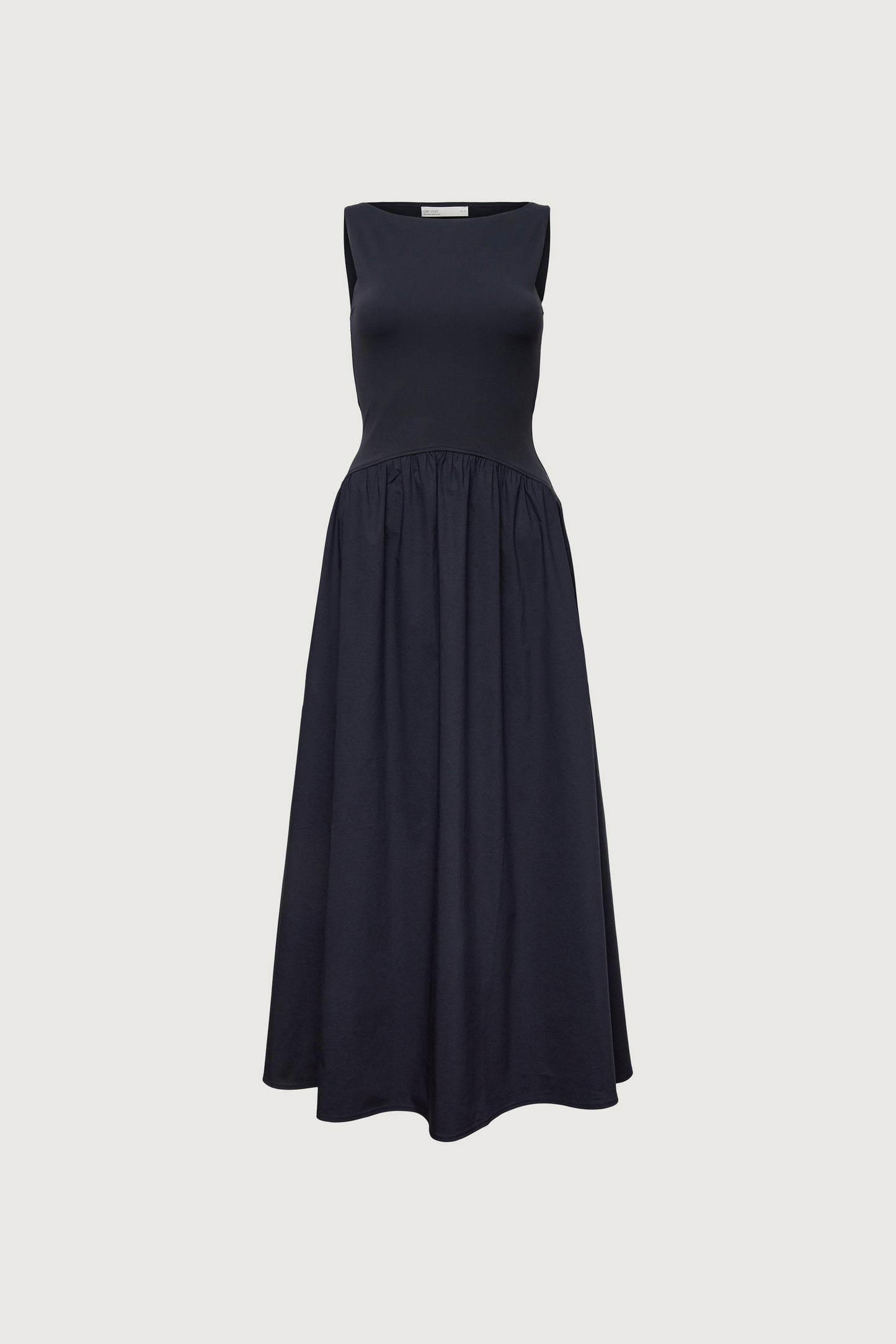 BOAT NECK GATHERED WAIST MIDI DRESS
