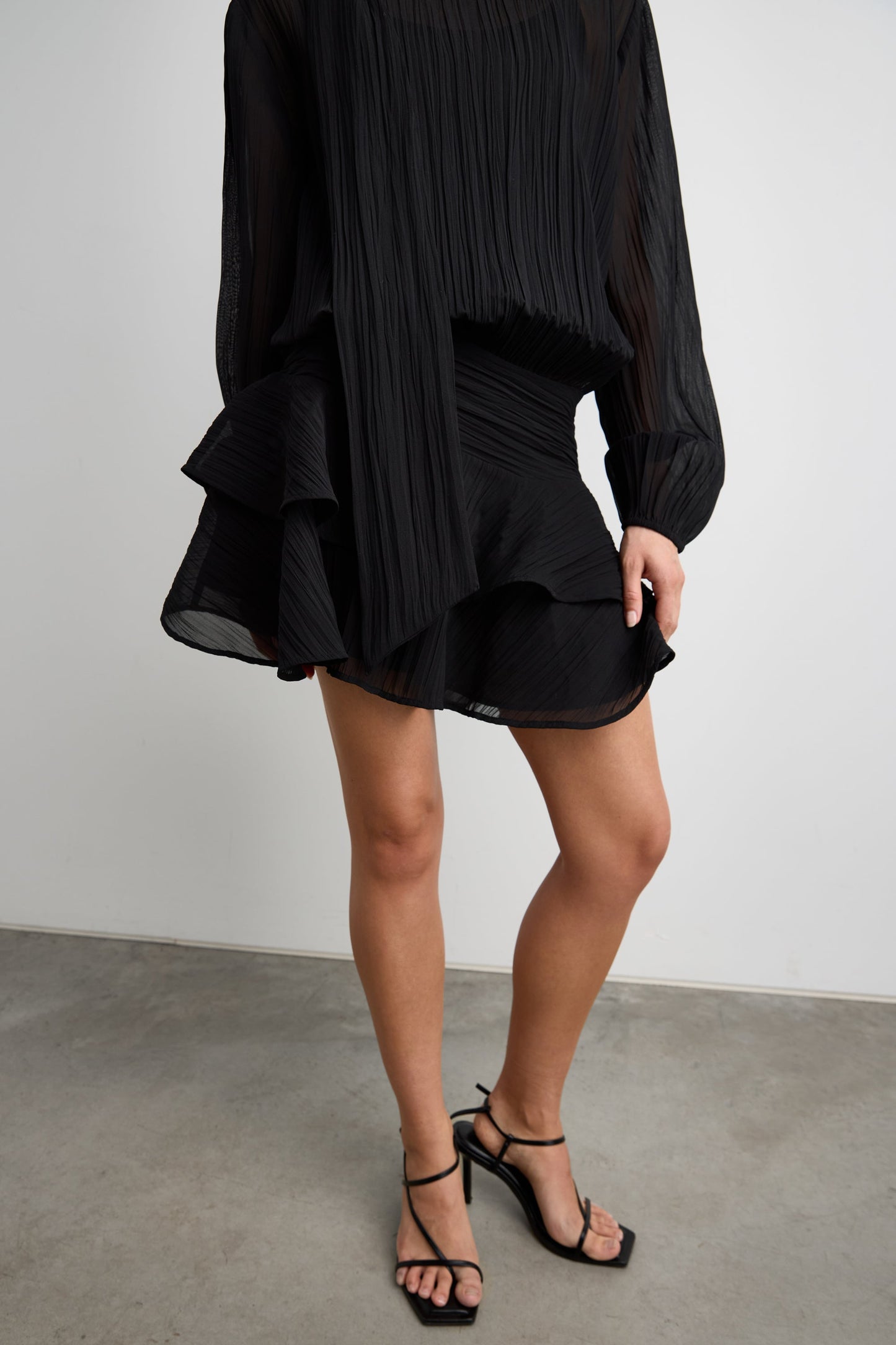 MOCKNECK LONG SLEEVE SHEER RUFFLED MINI DRESS