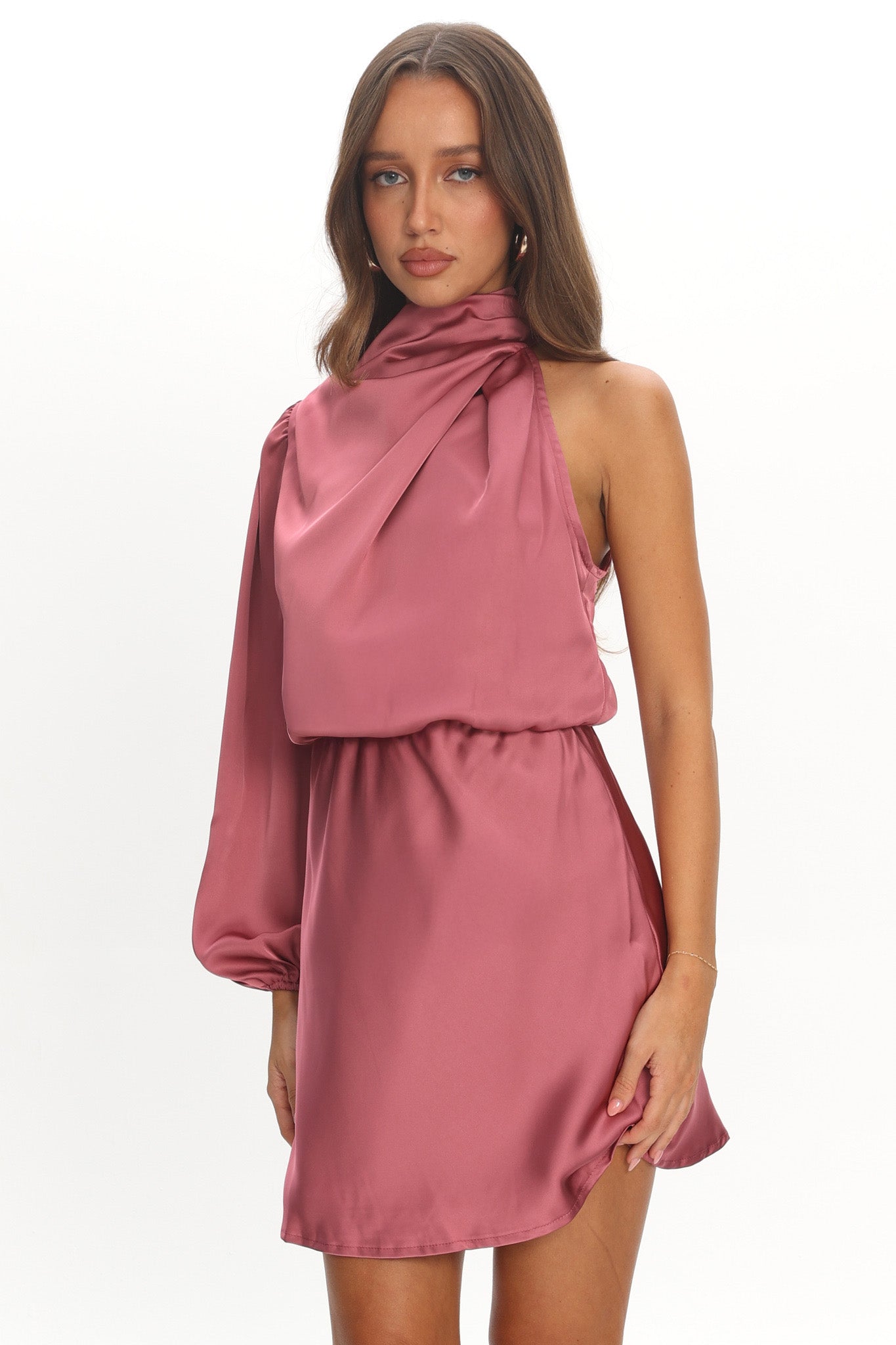 Can't Compete One Sleeve Satin Mini Dress Dusty Pink
