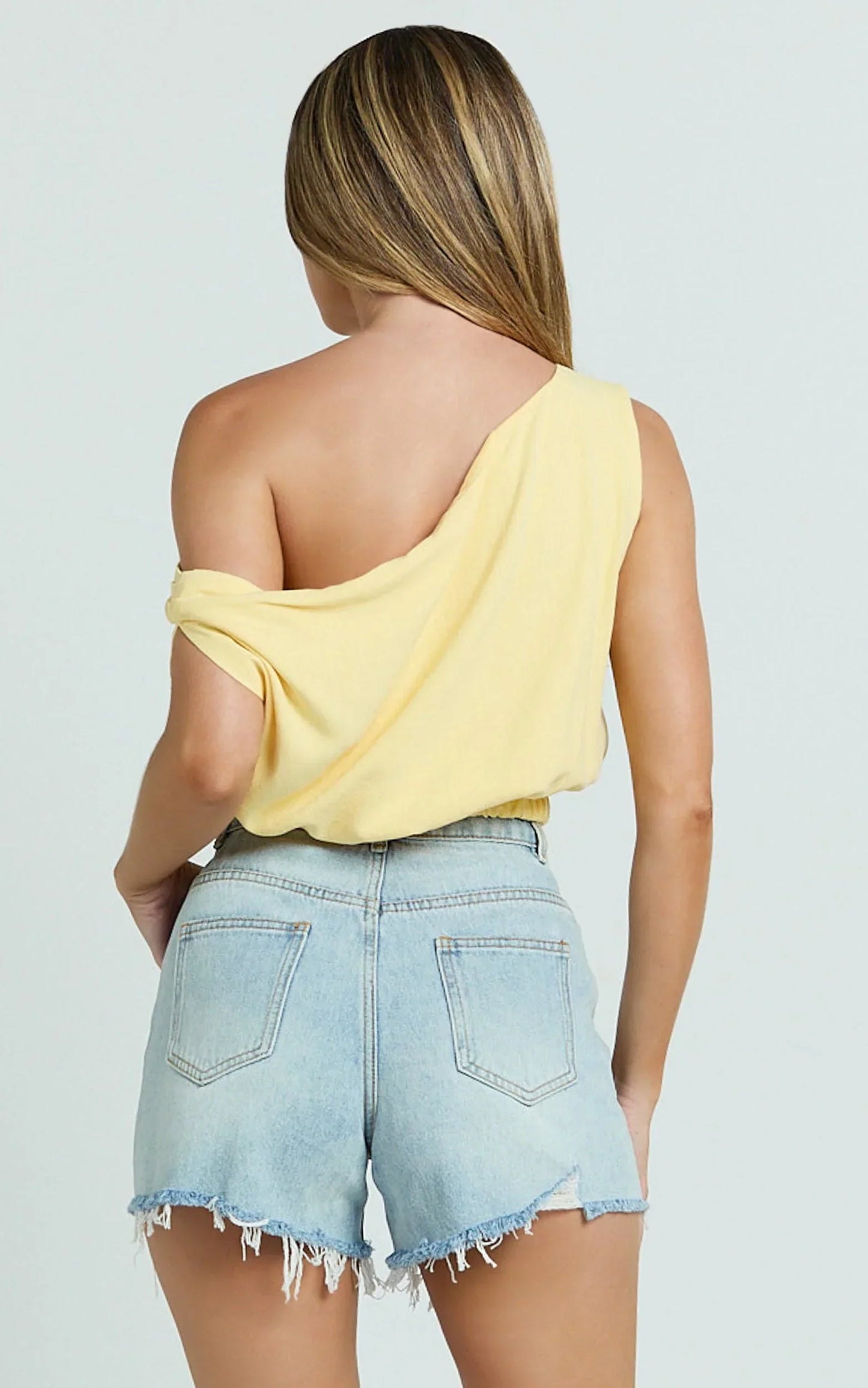 Collins Linen Blend Top - Draped Asymmetrical Neckline Top in Lemon
