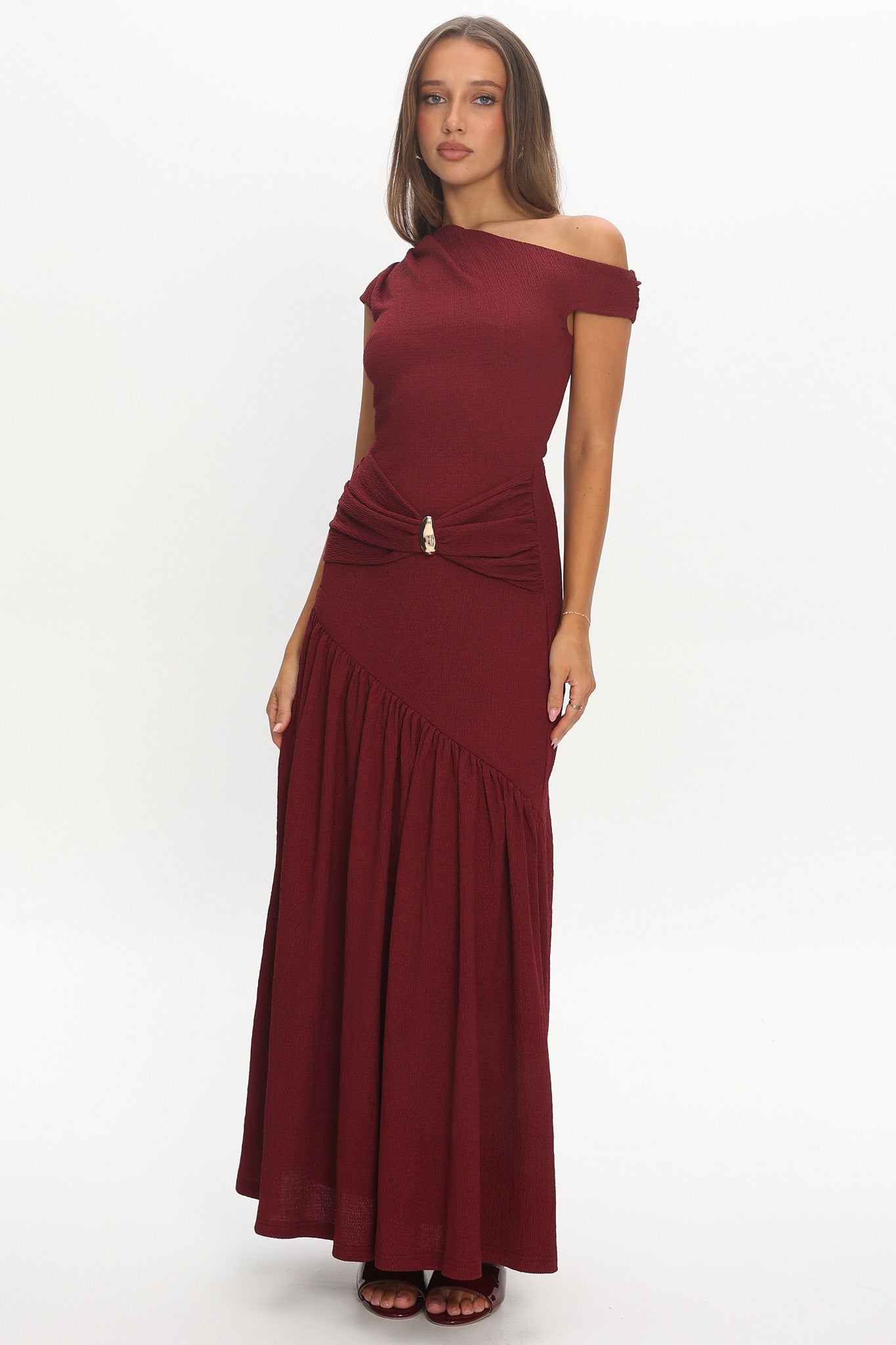 Bellarose Asymmetric Neckline Maxi Dress Wine