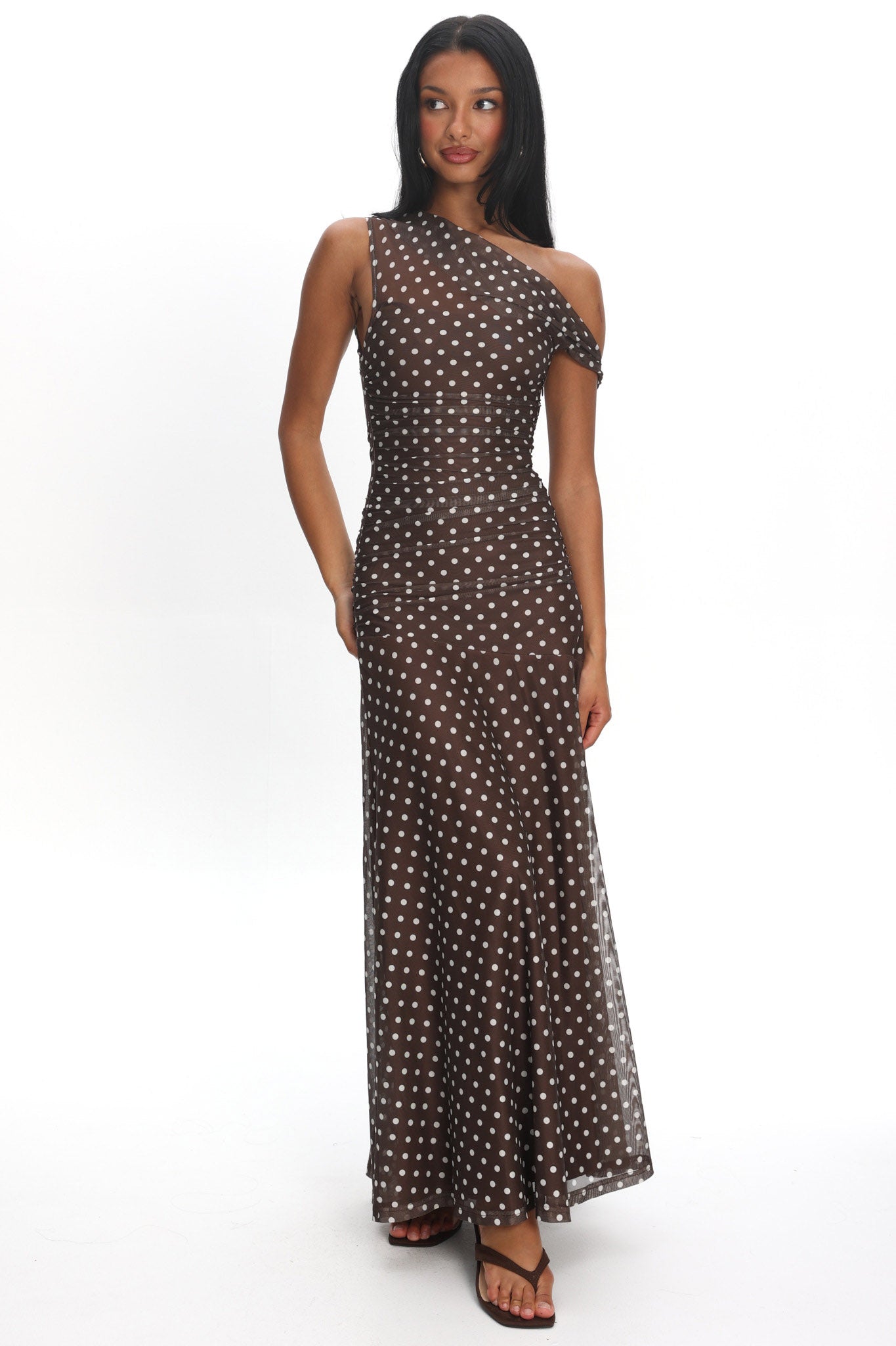 Lylah Asymmetric Neckline Mesh Maxi Dress Polka Dot Chocolate