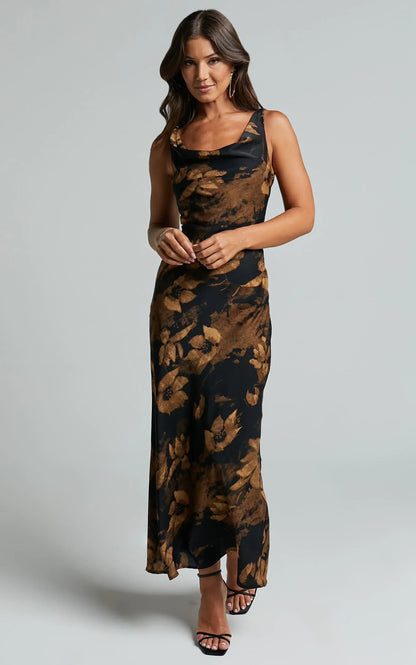 Dara Midi Dress - Low Neck Sleeveless Slip Dress in Amber Floral Print