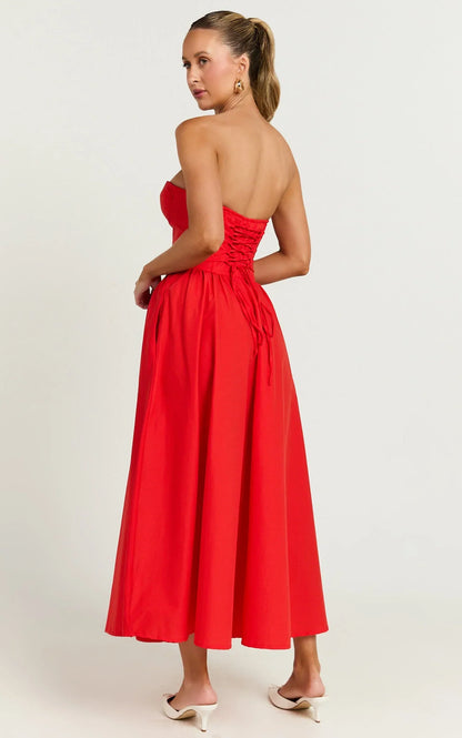 Daria Midi Dress - Strapless Corset Gathered Dress in Red