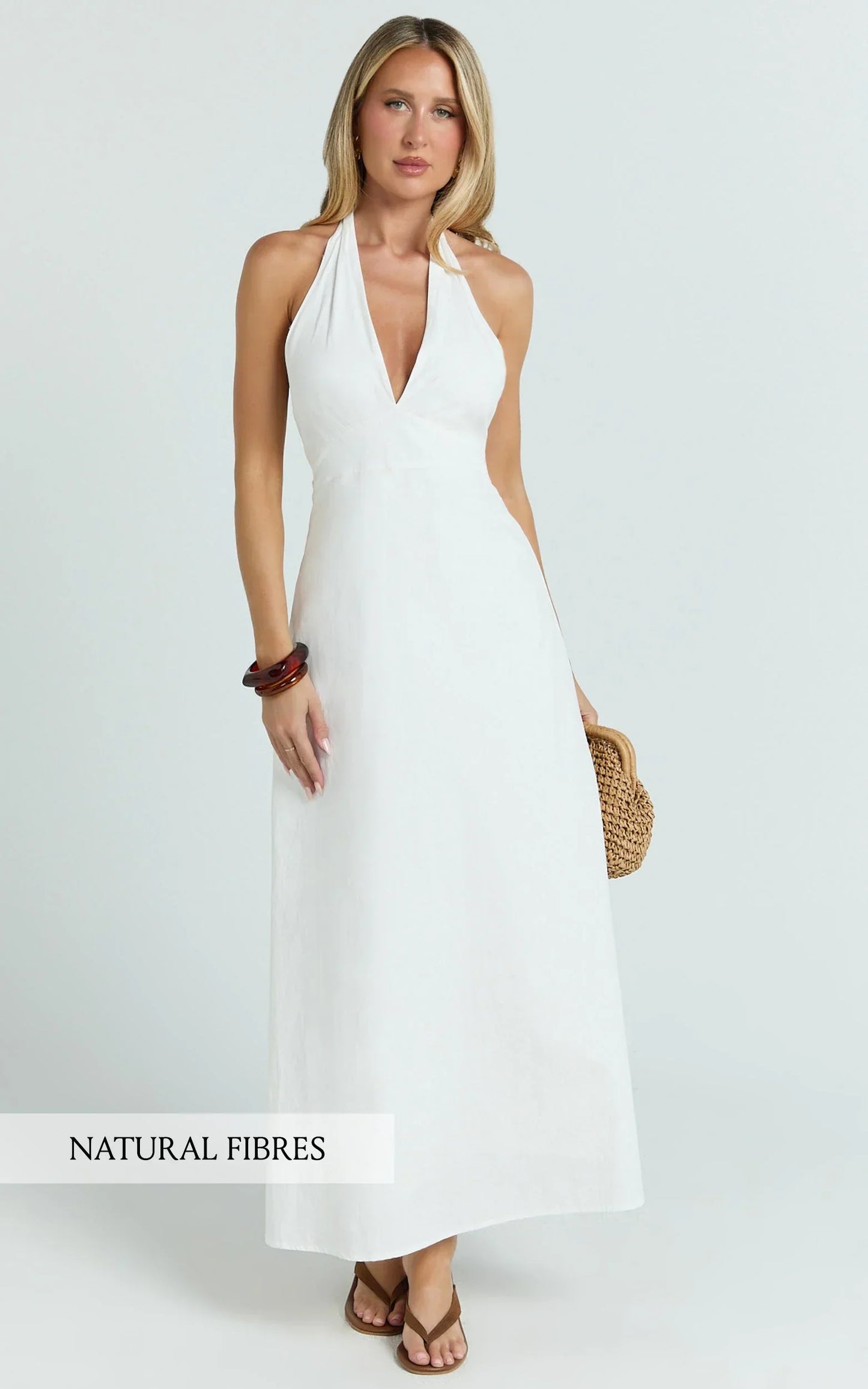 Connor Maxi Dress - Halter Neck Tie Back Dress in White