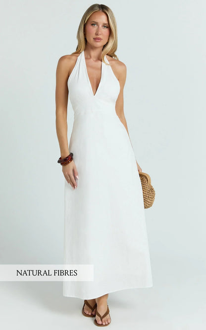 Connor Maxi Dress - Halter Neck Tie Back Dress in White