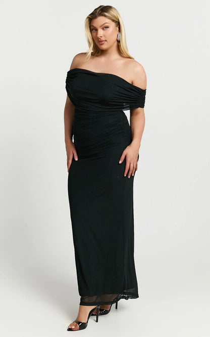 Caterina Maxi - Ruched Off Shoulder Mesh Dress in Black