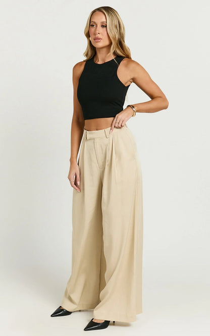 Clarke Pants - High Waist Wide Leg Pants in Stone