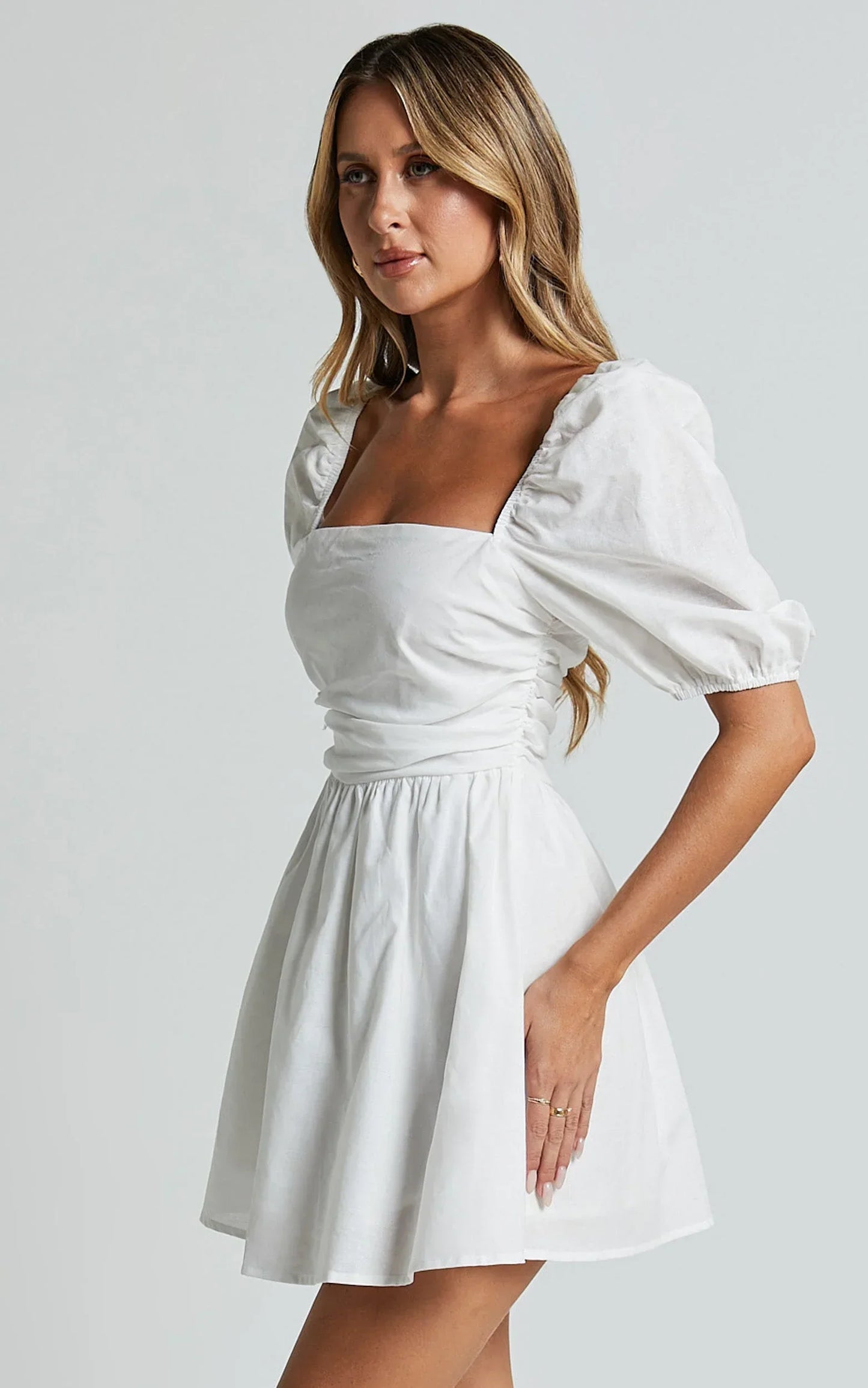 Claudina Mini Dress - Linen Look Puff Sleeve Ruched Bodice Dress in White