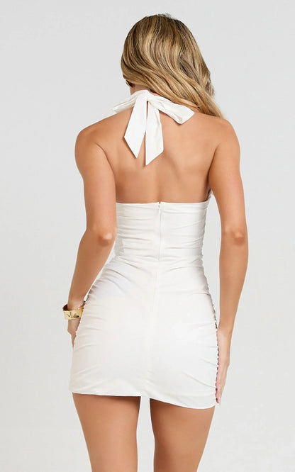 Danielle Mini Dress - Halter Straight Neck Bodycon Dress in Cream