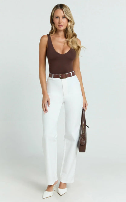 Carolyn Pants - High Waist Slim Straight Leg Tailored Pants in Off White