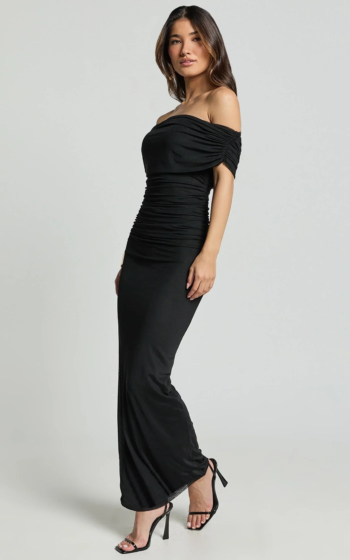 Caterina Maxi - Ruched Off Shoulder Mesh Dress in Black
