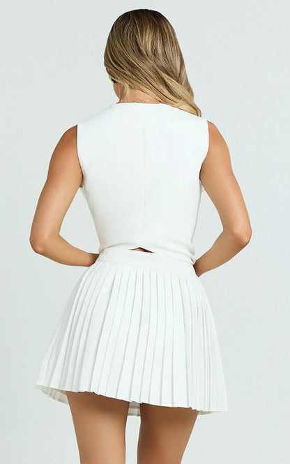 Carrie Mini Skirt - Pleated A Line Skirt in Off White