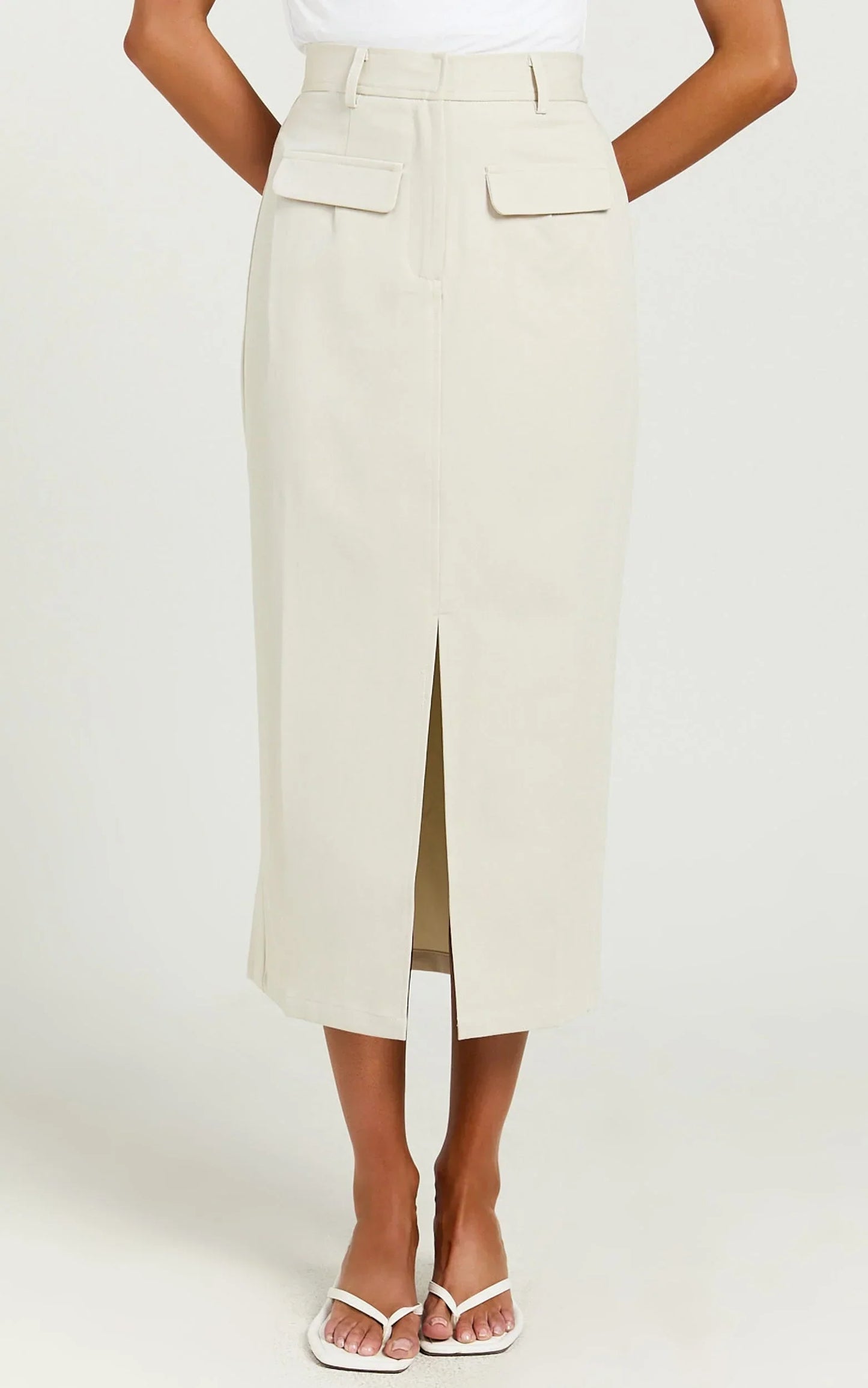 Brylee Midi Skirt - High Waisted Front Split Skirt in Stone