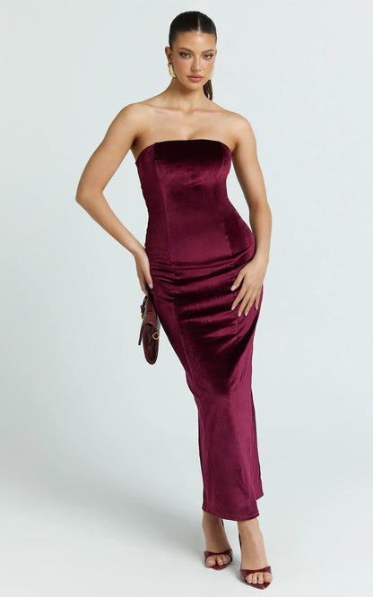 Cartia Maxi Dress - Velvet Strapless Bodycon Dress in Wine