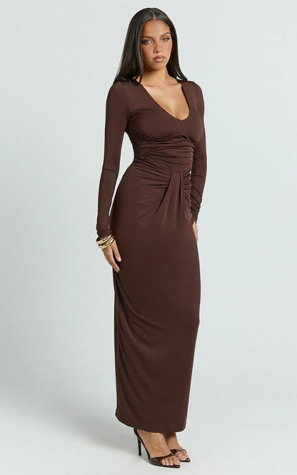 Dixie Maxi Dress - Plunge Long Sleeve Bodycon Dress in Chocolate