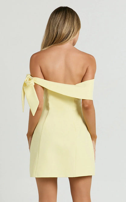 Cecilia Mini Dress - Off Shoulder Tie Detail Dress in Lemon