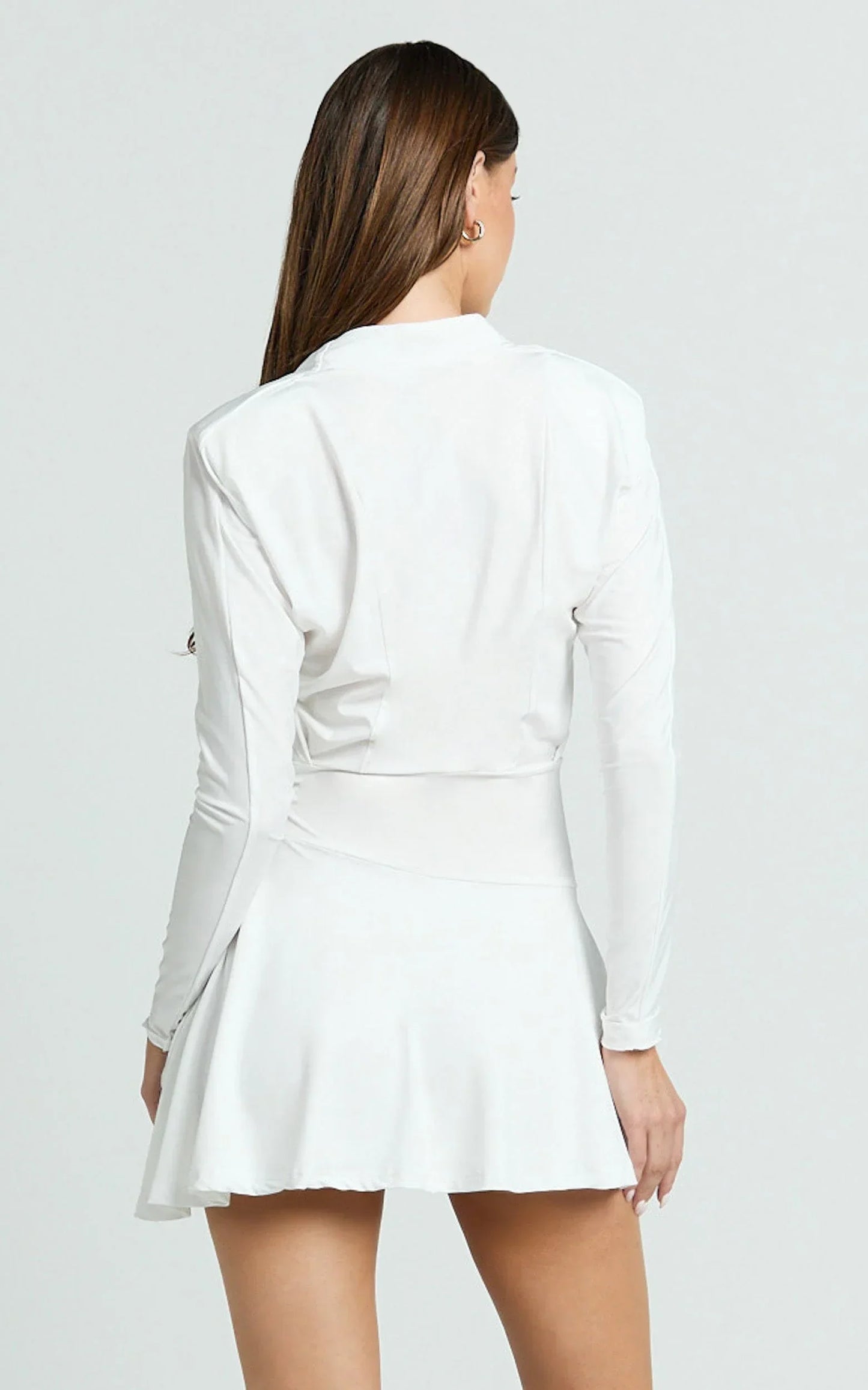 Cannes Mini Dress - Jersey Wrap Hardware Detail Flounce Skirt Dress in Off White