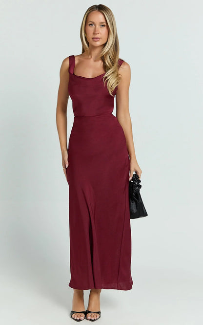 Dara Midi Dress - Low Neck Sleeveless Slip Dress in Wine