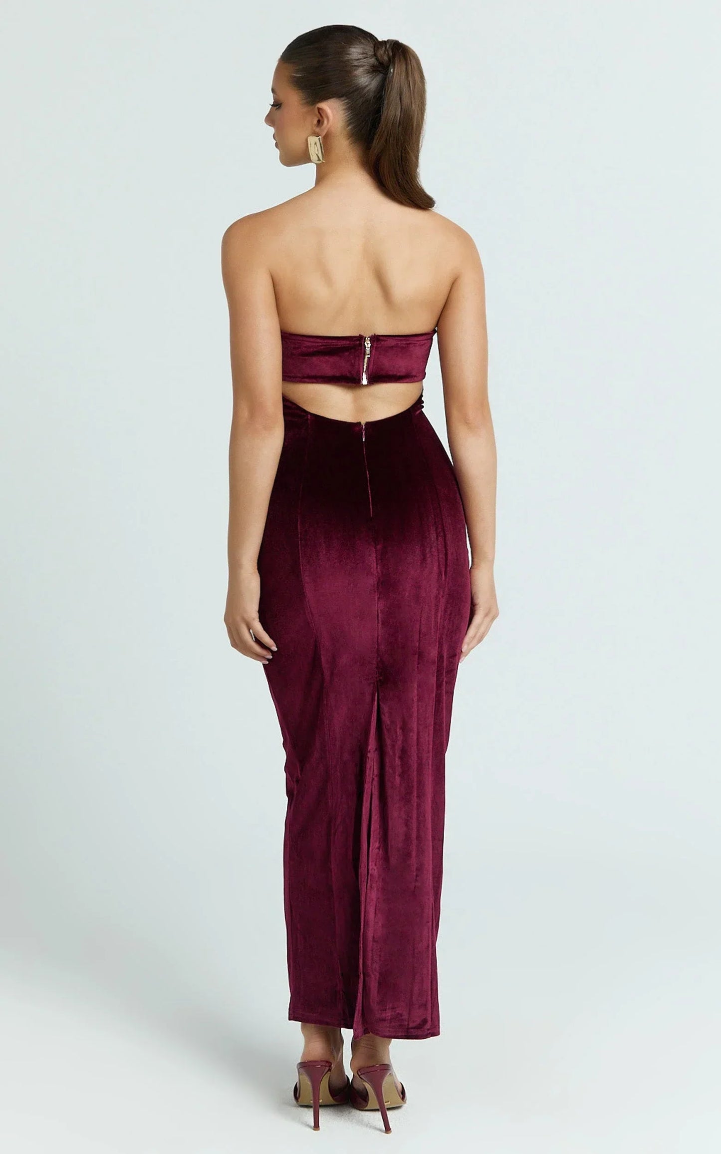 Cartia Maxi Dress - Velvet Strapless Bodycon Dress in Wine