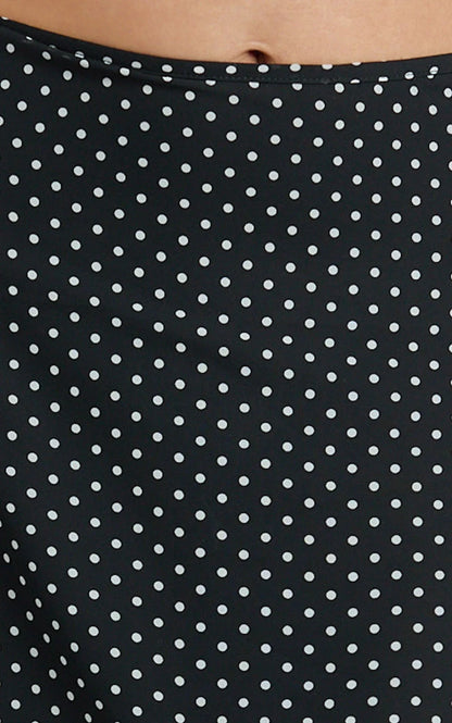 Charlie Midi Skirt - Polka Dot Low Waist Godet Skirt in Black