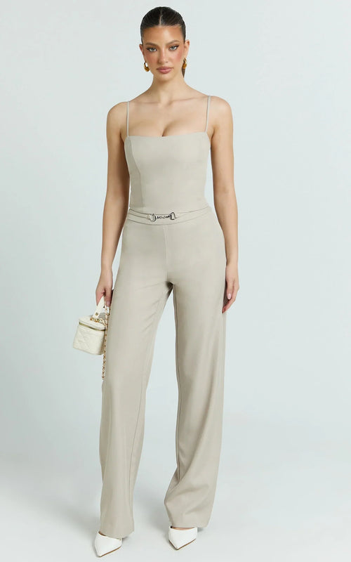 Charlize Pants - Stretch Slim Leg Front Buckle Pants in Stone