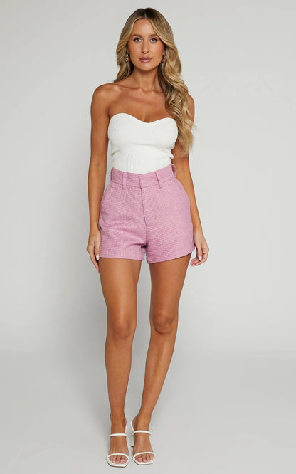 Carrie Shorts - High Waisted Tailored Tweed Shorts in Pink
