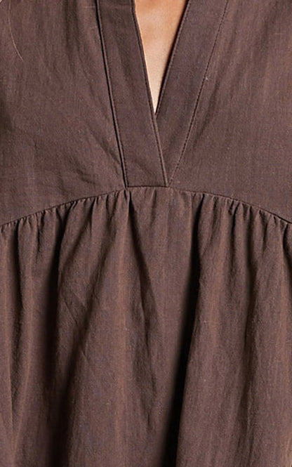 Calissa Mini Dress - Frill Hem Smock Dress in Chocolate