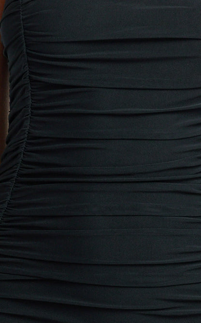 Cardi Maxi Dress - Ruched Mesh High Leg Split Dress in Black